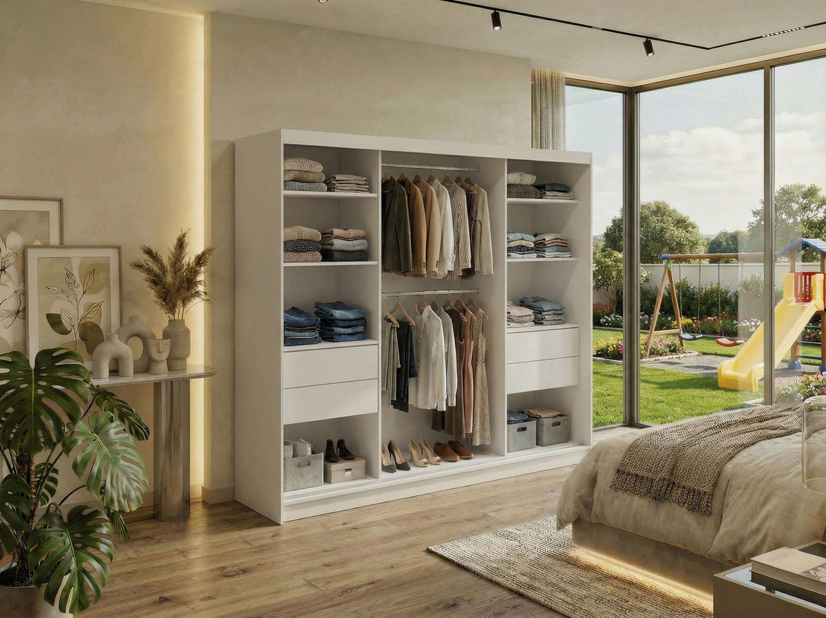 SCHWEBETÜRENSCHRANK mit Schubladen 240 - DUBROWNIK - Weiß mit Spiegel - Alufarben/Weiß, Holzwerkstoff/Metall (240/216/61cm) - MKS