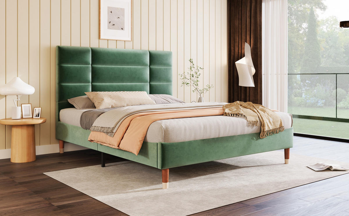 POLSTERBETT 140/200 cm mit Lattenrost und 7-Zonen-H3-Matratze, Samt mit Stauraum unter dem Bett, Grün - Grün, Textil - Redom