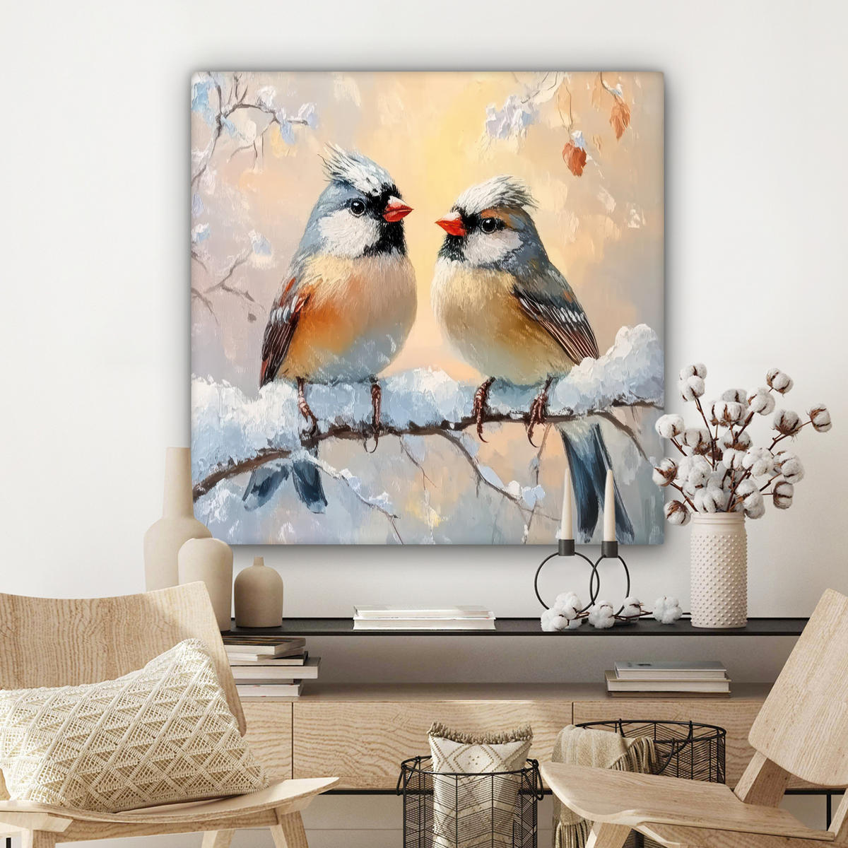 LEINWANDBILD Vögel - Zweig - Winter - Schnee Deko Groß 90x90 cm - Pastellblau, Textil (90/90cm) - MuchoWow