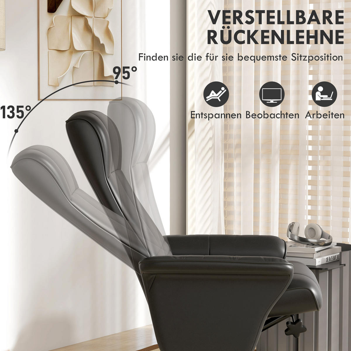 RELAXSESSEL mit Hocker Drehbarer Fernsehsessel mit Liegefunktion Mikrofasertuch - Schwarz, Kunststoff (71/104/69cm) - HOMCOM