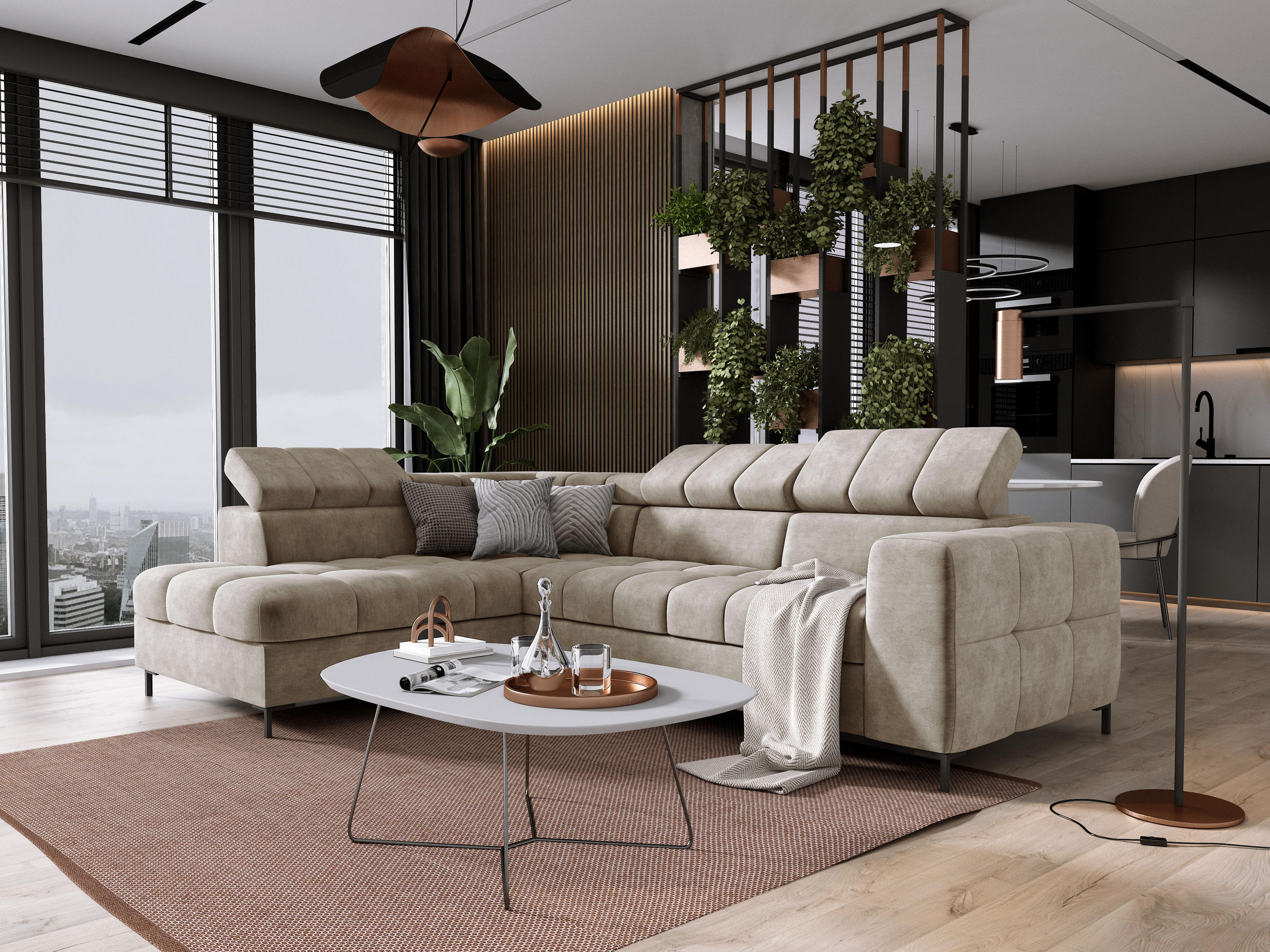 ECKSOFA PABLO CLOUD L‑förmig mit Bett, Bettkasten, verstellbaren Kopfstützen, weichen Metallfüßen, freistehend, LINKS, 201x270x97 cm Beige - Beige, Holz/Textil (201/270cm) - DomoHome