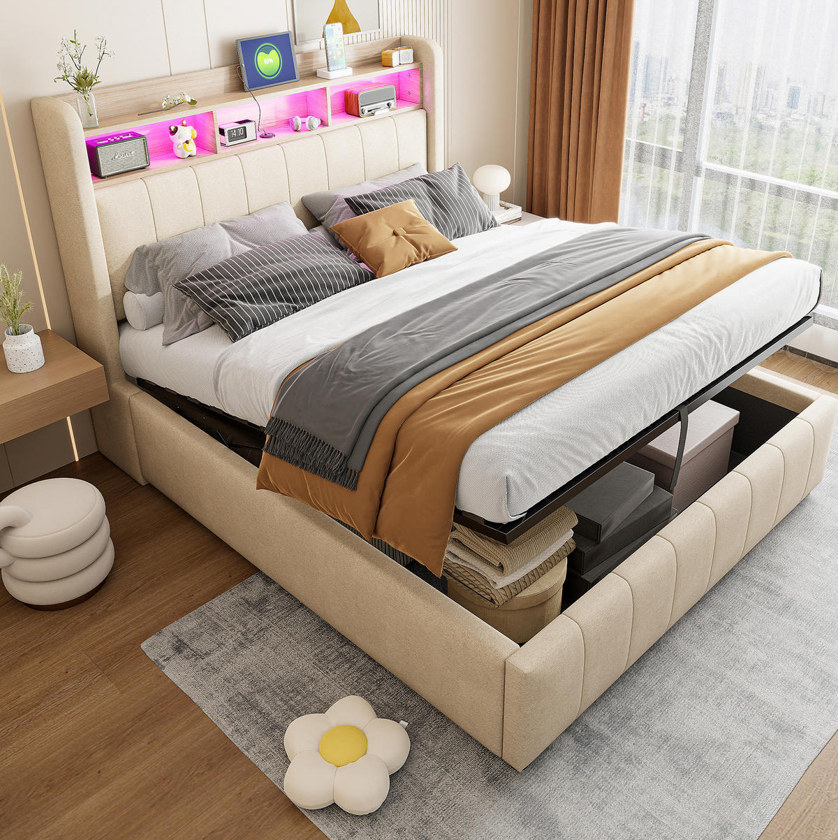 ČALÚNENÁ posteľ 140/200 cm s meniacim sa LED osvetlením, USB a Type-C portom, úložným priestorom, Béžová - béžová, textil (140/200cm) - Redom