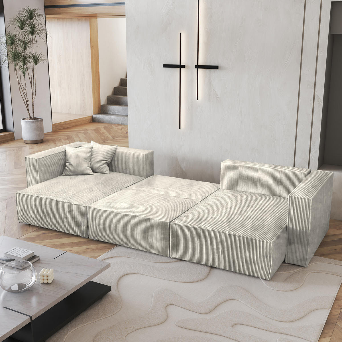 WOHNLANDSCHAFT SARMO P Creme Kordstoff mit Schlaffunktion - Creme, Holz (347/70/148cm) - MASSENO