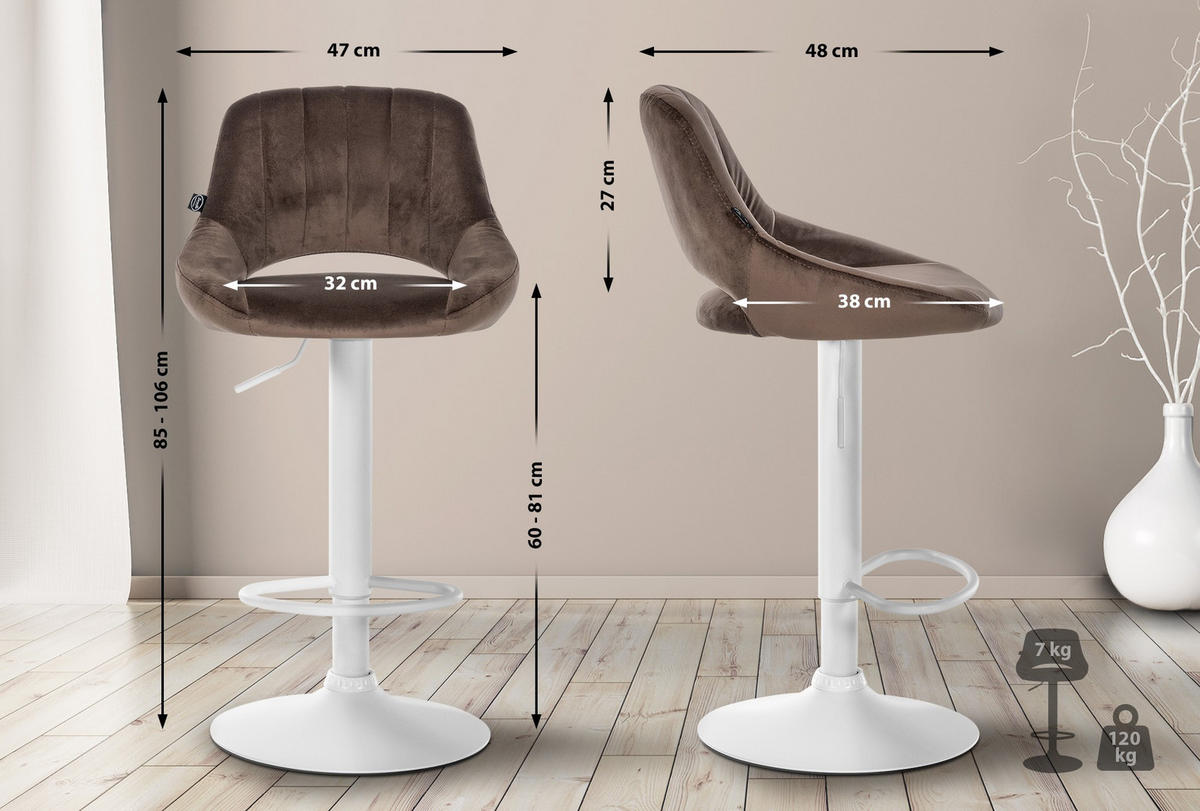 BARHOCKER 2er Set Samt braun - Weiß/Braun, Textil (47/85/48cm) - CLP