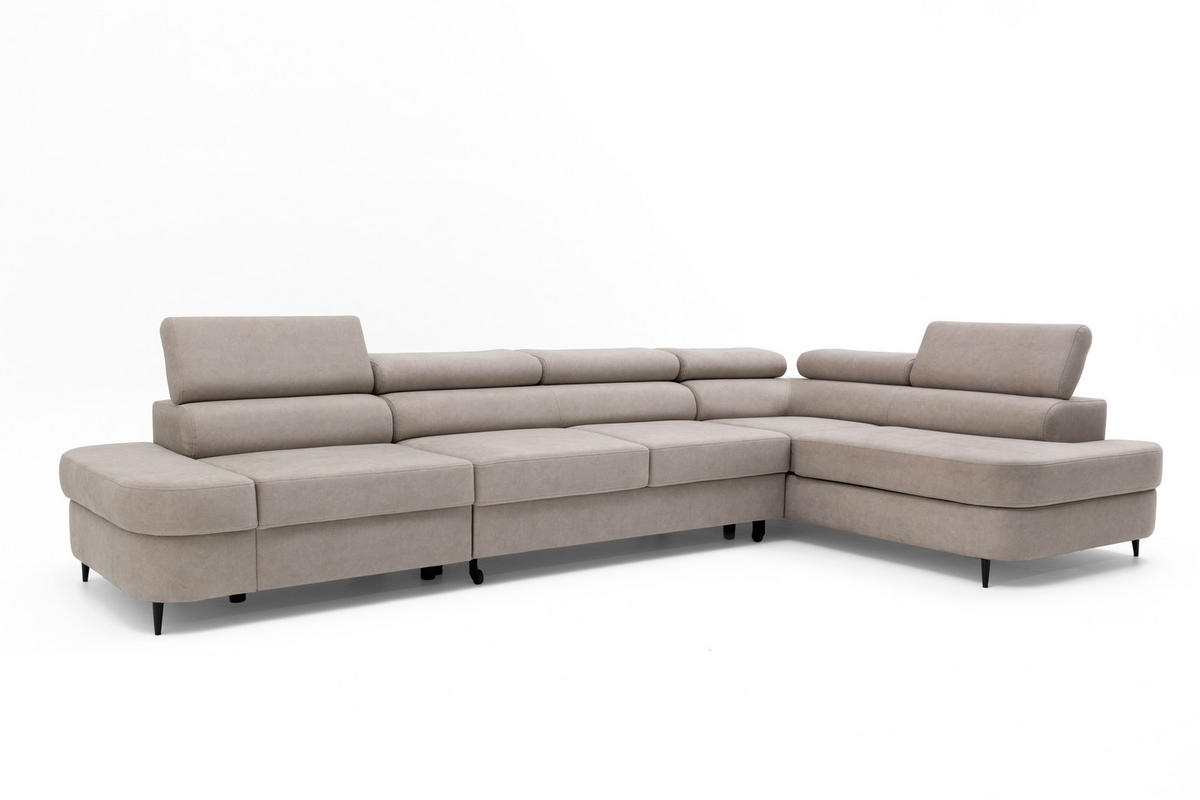 ECKSOFA PRIAM MAXI L-Form mit Schlaffunktion & Bettkasten, 6-Sitzer, 350cm, Verstellbare Kopfstützen Ottomane rechts - Beige, Holz/Textil (350/203cm) - Muffo