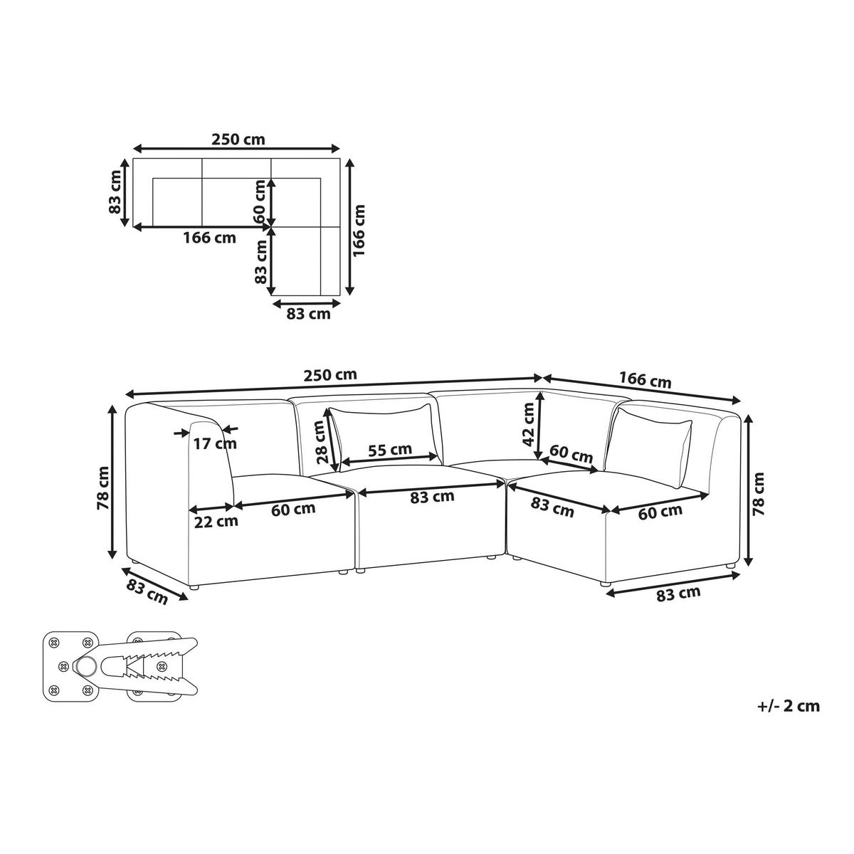COLȚAR modul cu 4 locuri pe partea stângă bej reps reiat Lemvig - bej, material textil (250/166cm) - Beliani