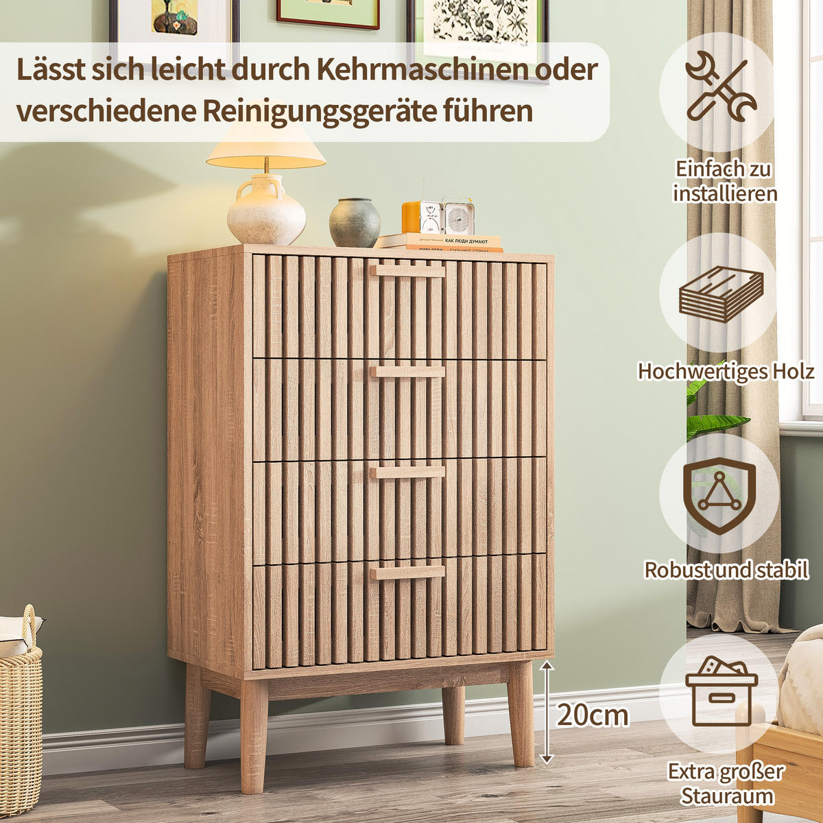 KOMMODE mit Rillenfront, 4 Schubladen Stauraum, Eiche hell, 34/60/91cm - Eichefarben, Holz (60/91/34cm) - Joyfair