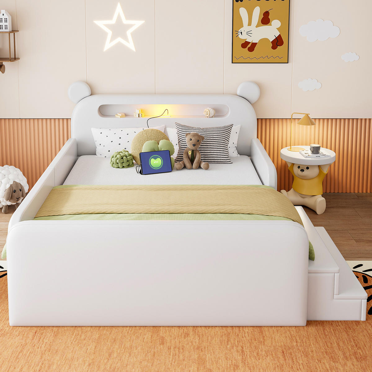 KINDERBETT 140/200 cm DE-32672 mit Bären-Kopfteil Weiß - Weiß, Holzwerkstoff (140/200cm) - ComfortXL