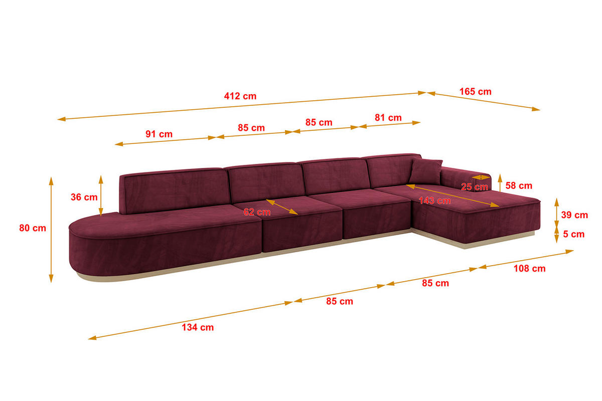 ECKSOFA Ottomane Rechts IREA-L3 - 412x165x80 cm Bordeauxrot - Bordeaux, Holzwerkstoff/Textil (412/165cm) - ALTDECOR