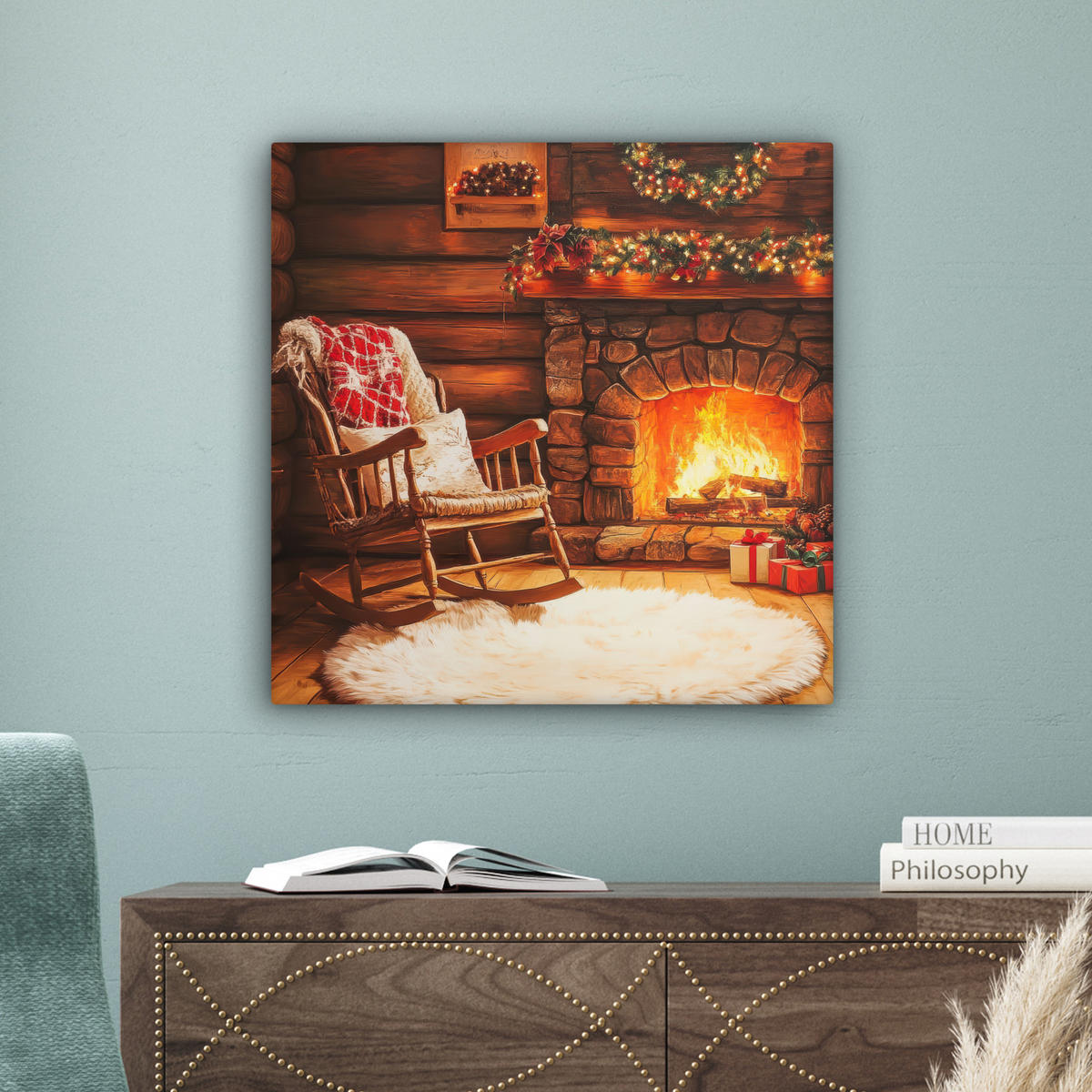 LEINWANDBILD Winter - Weihnachten - Zuhause - Kamin 50x50 cm - Bernsteinfarben, Textil (50/50cm) - MuchoWow
