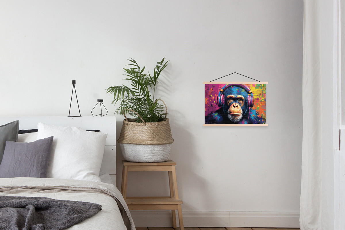 POSTER Graffiti - Schimpanse - Straßenkunst - Kopfhörer - Affe 60x40 cm - Blau, Textil (60/40/0.15cm) - MuchoWow