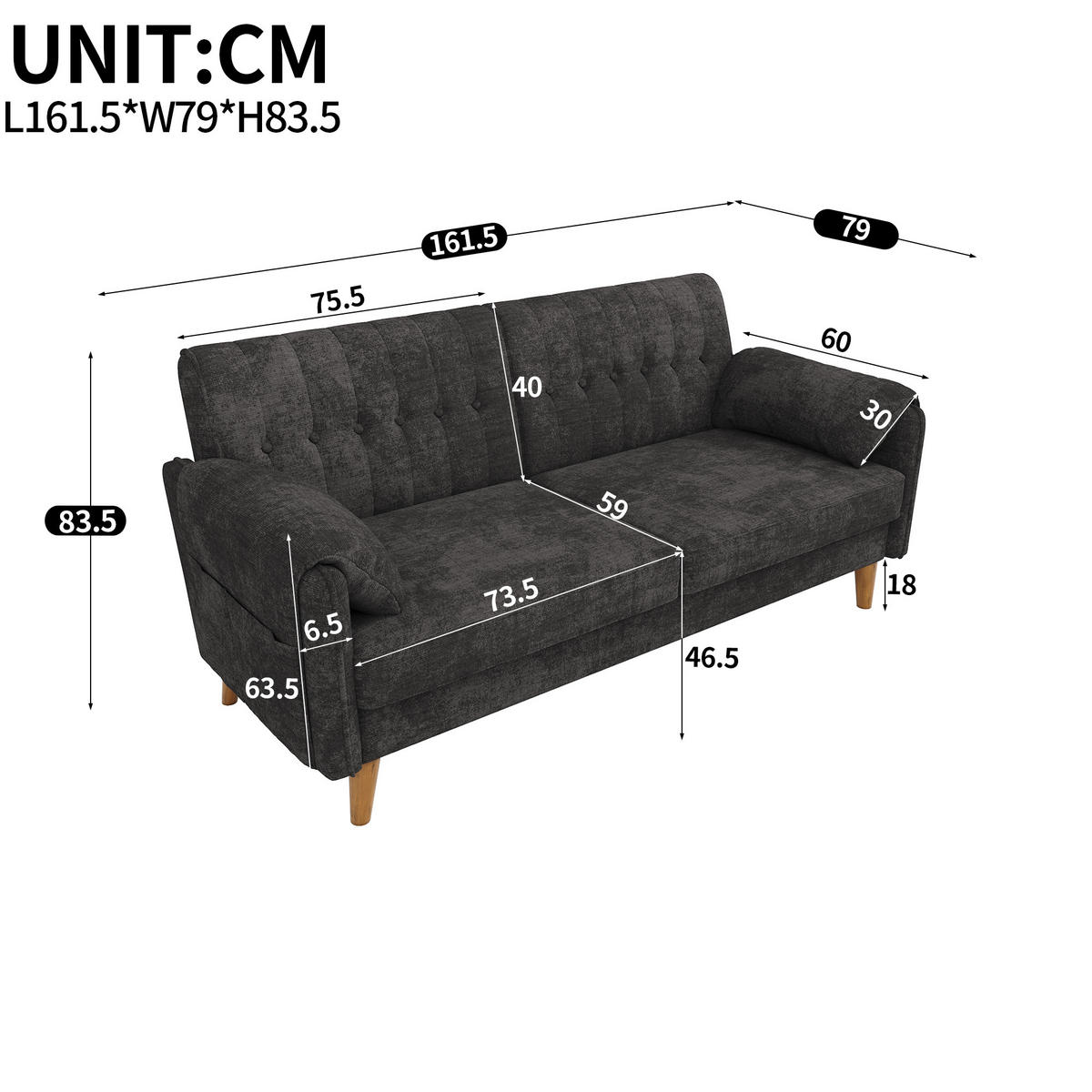 2-SITZER-SOFA Chenille mit Massivholzbeinen, DE-42464, Grau - Dunkelgrau, Holzwerkstoff (161.5/83.5/79cm) - ComfortXL