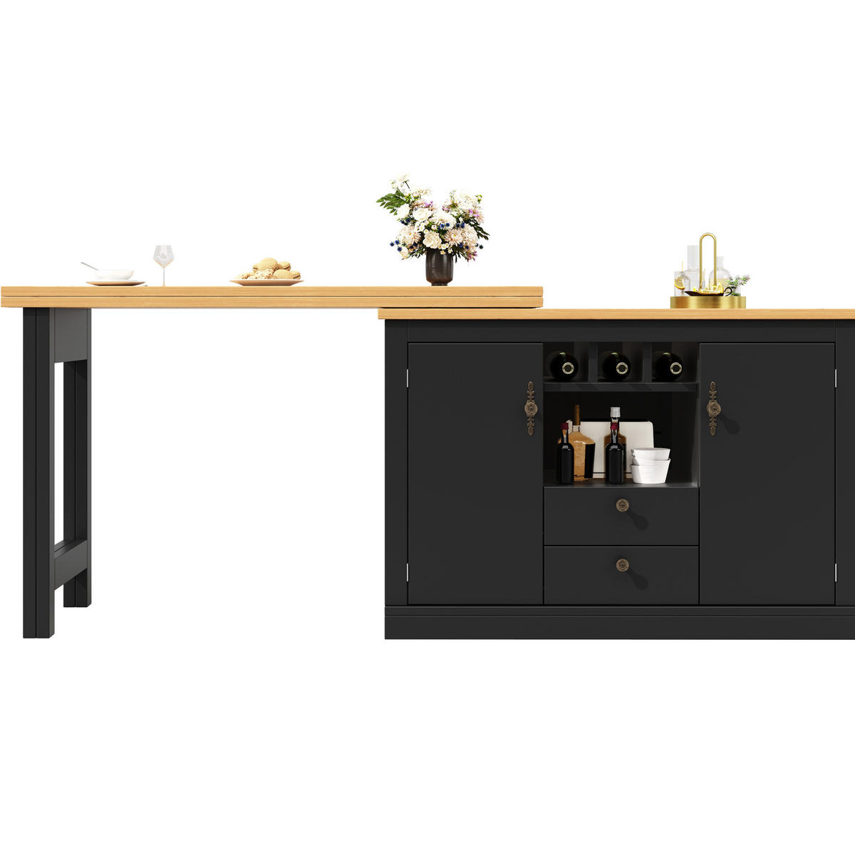 KÜCHENINSEL aus MDF 120-180x40x76cm in Schwarz mit Auszug - Schwarz, Holzwerkstoff (40/76/180cm) - Modfu