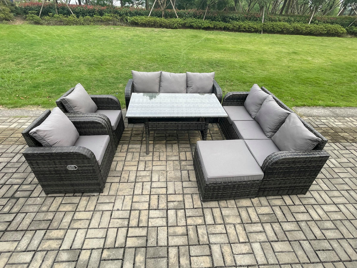 GARTENTISCHGRUPPE mit Hocker Polyrattan Dunkelgrau 9-Sitzer - Dunkelgrau/Grau, Glas/Kunststoff - Fimous