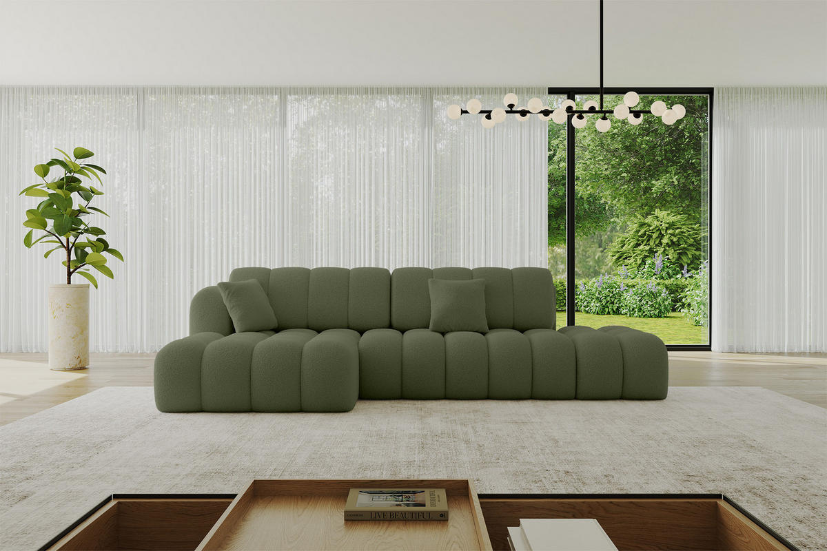 ECKSOFA mit Schlaffunktion Ottomane Links OLEA-L2 321x164x75 Grün Bouclé - Schwarz/Grün, Holzwerkstoff/Kunststoff (321/164cm) - ALTDECOR