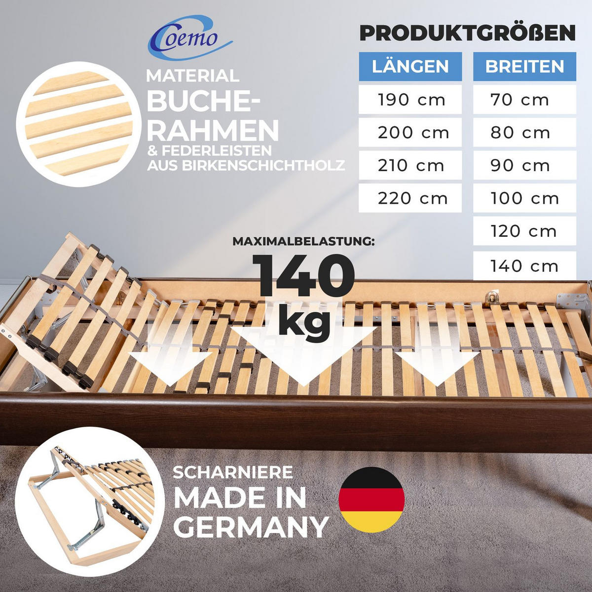 LATTENROST ERGO K 90x190 cm Kopfteil verstellbar - Naturfarben, Holz (90/190cm) - Coemo
