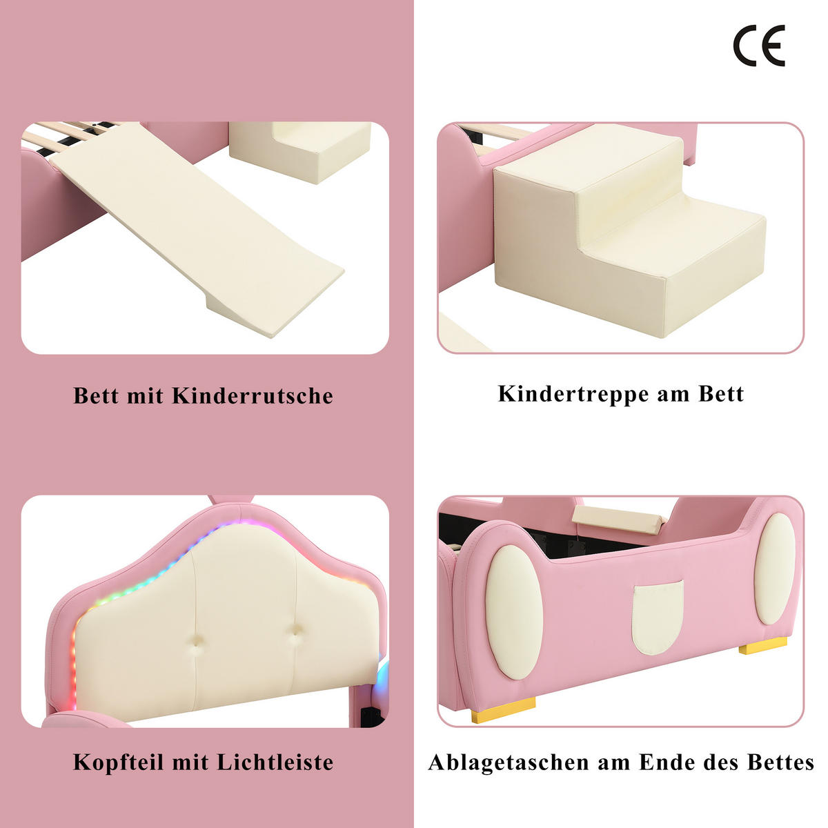 KINDERBETT 90/200 cm in Rosa & Beige mit LED, Rutsche und Treppe - Beige/Rosa, Holzwerkstoff/Textil (90/200cm) - WISHDOR