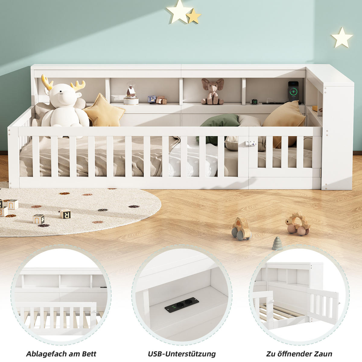 TAGEBETT 90x200cm Weiß Spanplatte Bettseite Staufach Steckdose USB - Weiß, Holz (90/200cm) - FLIEKS