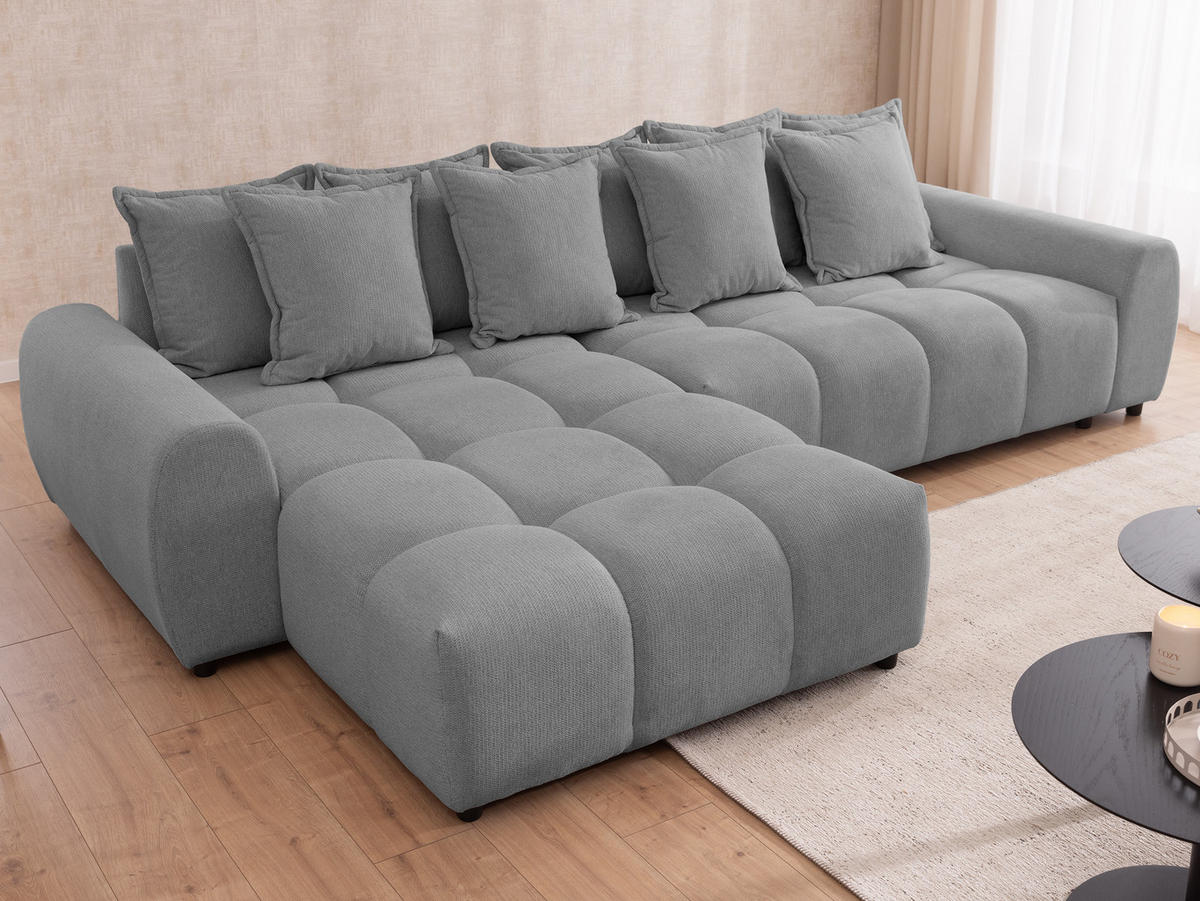 ECKSOFA Bubble mit losen Rückenkissen und Sitzfläche in Bubble-Optik aus weichem Grau Strukturstoff mit schöner Sitzkomfort - Ottomane links - Schwarz/Grau, Holz/Kunststoff (180/306cm) - S-Style Möbel