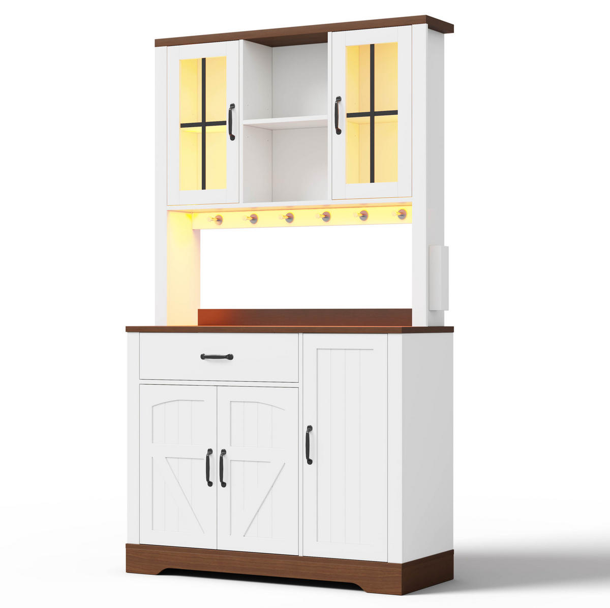 BUFFET aus MDF 105x40x185 cm Natur/Weiß mit LED-Beleuchtung, Steckdosenmodul und verstellbaren Einlegeböden - Naturfarben, Holzwerkstoff (105/185/40cm) - Modfu