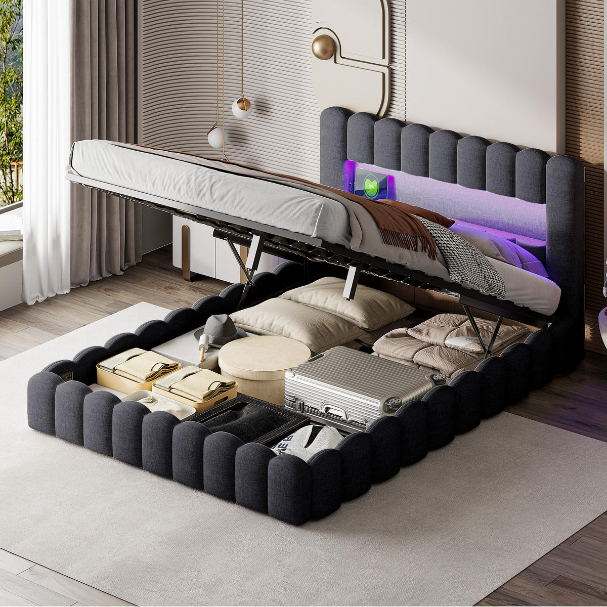 POLSTERBETT 140x200 cm, Grau, mit USB, LED - Grau, Textil/Metall (140/200cm)