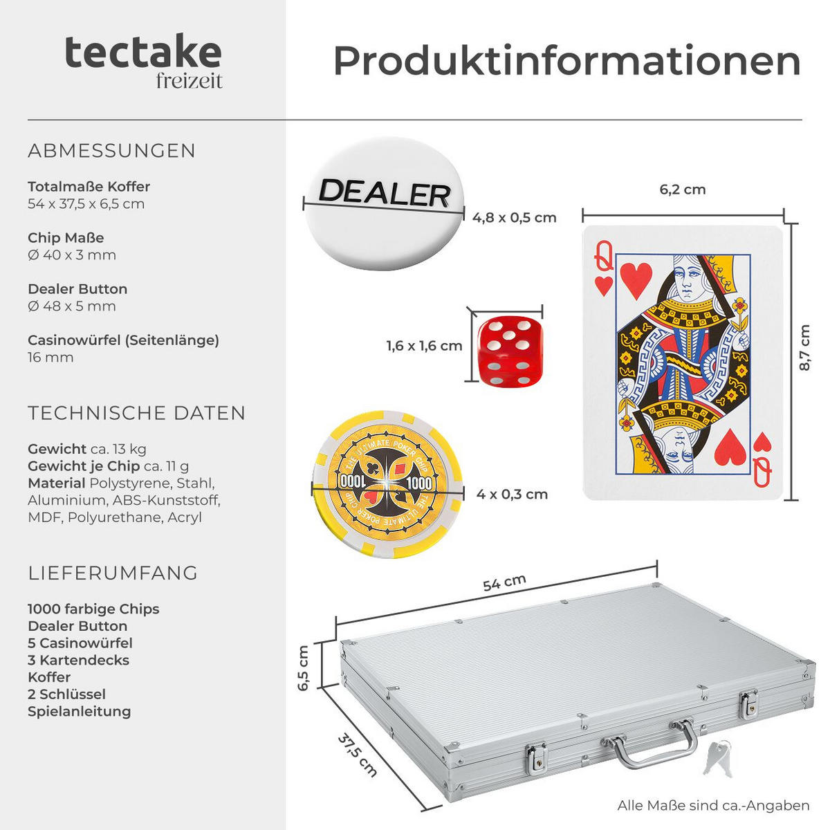 POKERSET ,inklusive verschließbarer Aluminiumkoffer,silber - Silberfarben, Kunststoff (37.5/54cm) - tectake