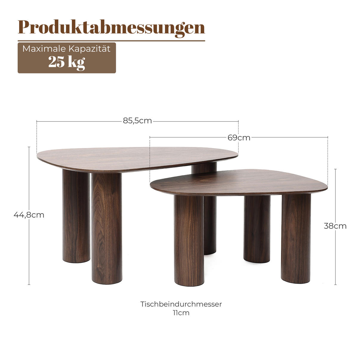 COUCHTISCH 2er Set Holz in Walnussoptik,86cm &69cm - Walnussfarben, Holzwerkstoff (53/85/45cm) - Hometopia