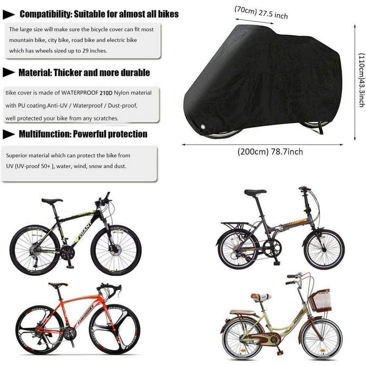 FAHRRADABDECKUNG aus Nylon-Gewebe, wasserdicht - Schwarz, Textil (7.6/7.6/7.6cm)