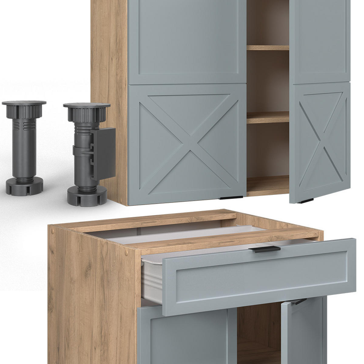 SINGLEKÜCHE Fame-Line Hellblau-grau/Goldkraft Eiche 140 cm, AP Marmor - Honigeiche/Blaugrau, Holzwerkstoff (140/81.6/60cm) - Vicco