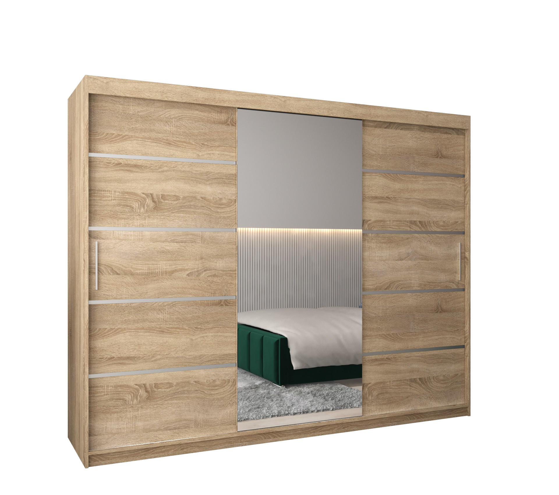 Möbel Kryspol Schwebetürenschrank Sonoma Eiche, Silber 250x200x62 cm