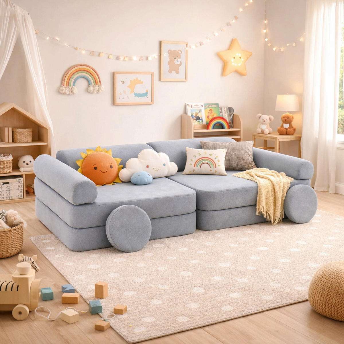 MODULARES Kindersofa aus Schaumstoff – weiches 4-in-1 Spielsofa für Kinderzimmer - Blau, Textil (160/50/76cm) - Bees & Blooms