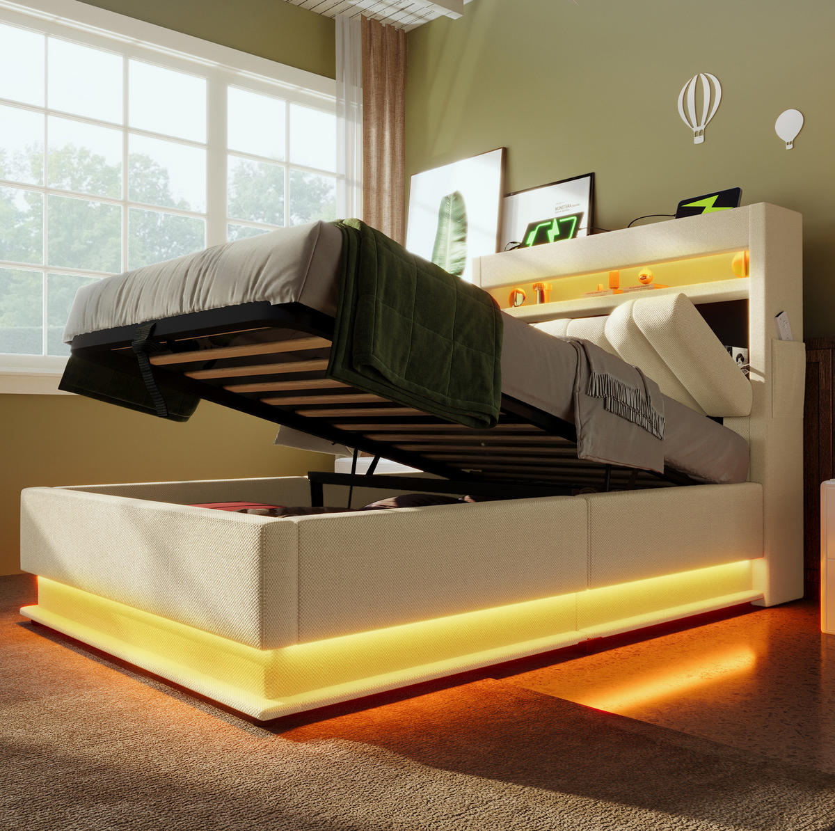 POLSTERBETT 90/200 cm Beige aus Leinen mit Matratze und LED-Beleuchtung - Beige, Textil (90/200cm) - OKMYHOME