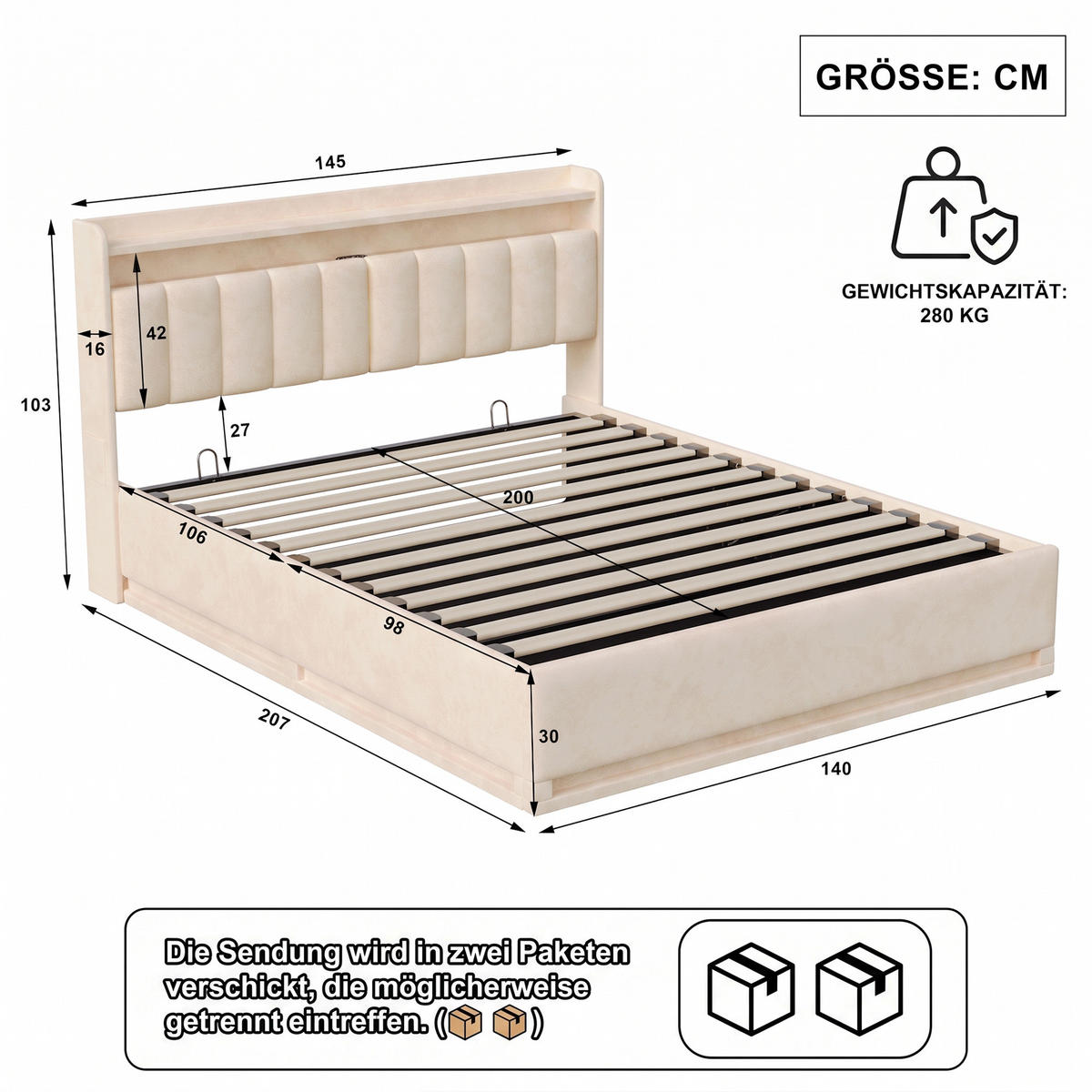 POLSTERBETT 140x200 cm, Doppelbett mit Bettkasten, USB und LED, hydraulischer Stauraum, Samt Beige - Beige, Holz/Textil (140/200cm) - GENKI LIVING