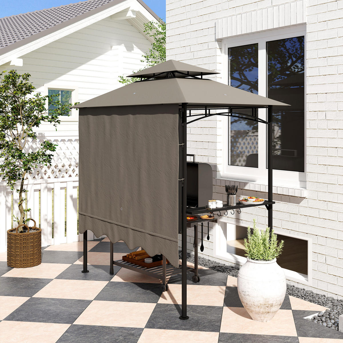 GRILLPAVILLON 242x232x248 cm wasserabweisend flammhemmend Gartenpavillon mit Doppelschichtdach Grau - Grau, Metall (242/248/232cm)