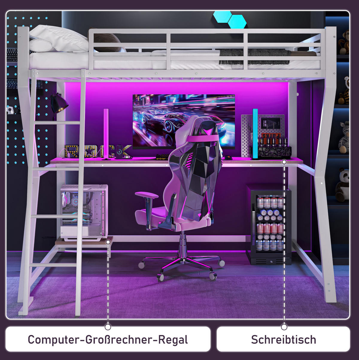 HOCHBETT 90/200 cm in Weiß mit LED-Beleuchtung, Schreibtisch und USB - Weiß, Metall (90/200cm) - Flora Grace