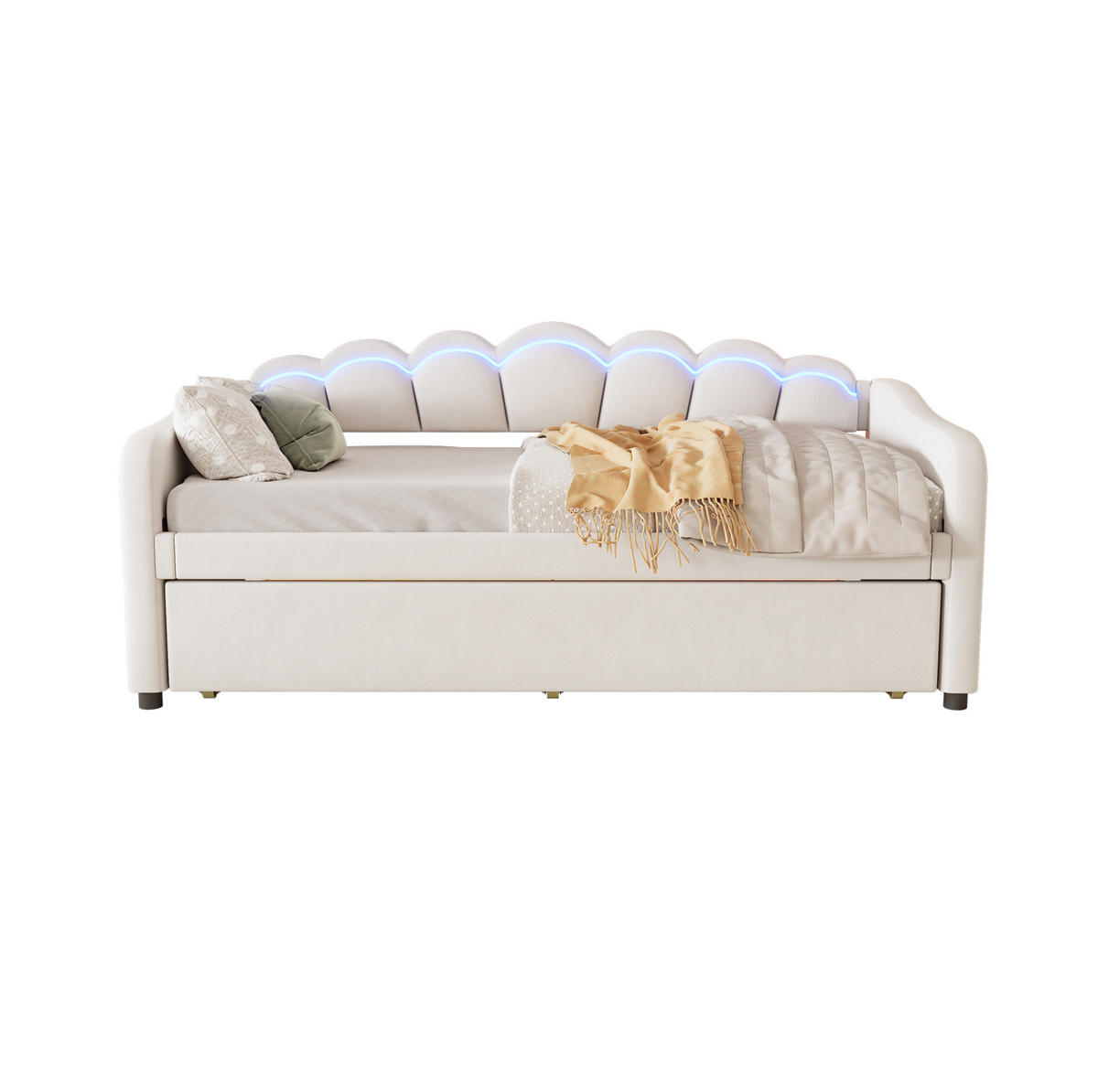 POLSTERBETT 90/200 cm aus Samt mit PolsterPolsterbett und LED-Beleuchtung, Beige - Beige, Textil (90/200cm) - Flora Grace