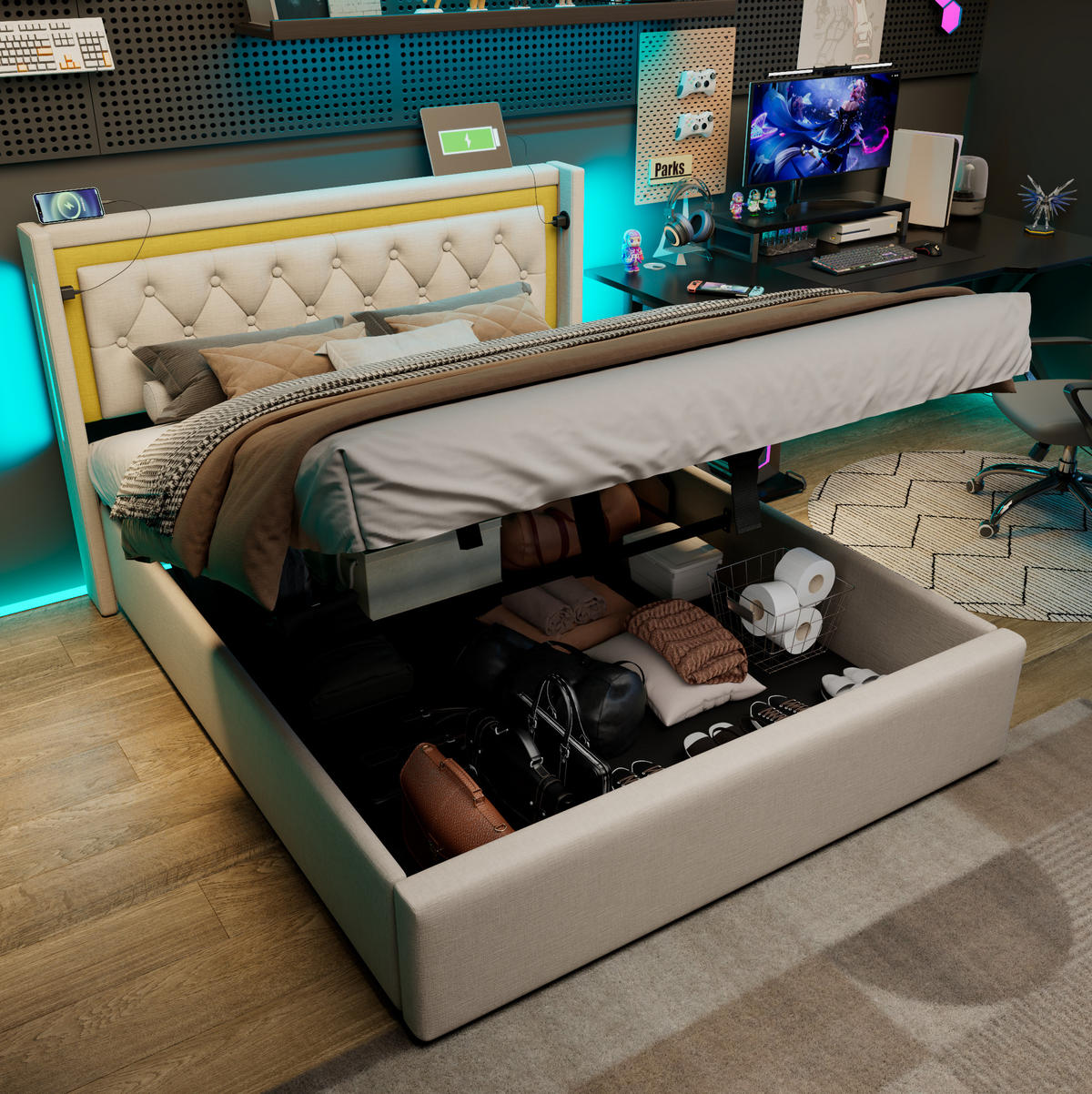 POLSTERBETT 140/200 cm mit LED, Bettkasten (Gasdruck), USB & Typ-C, Lattenrost inklusive,Beige - Beige, Textil (140/200cm) - Redom