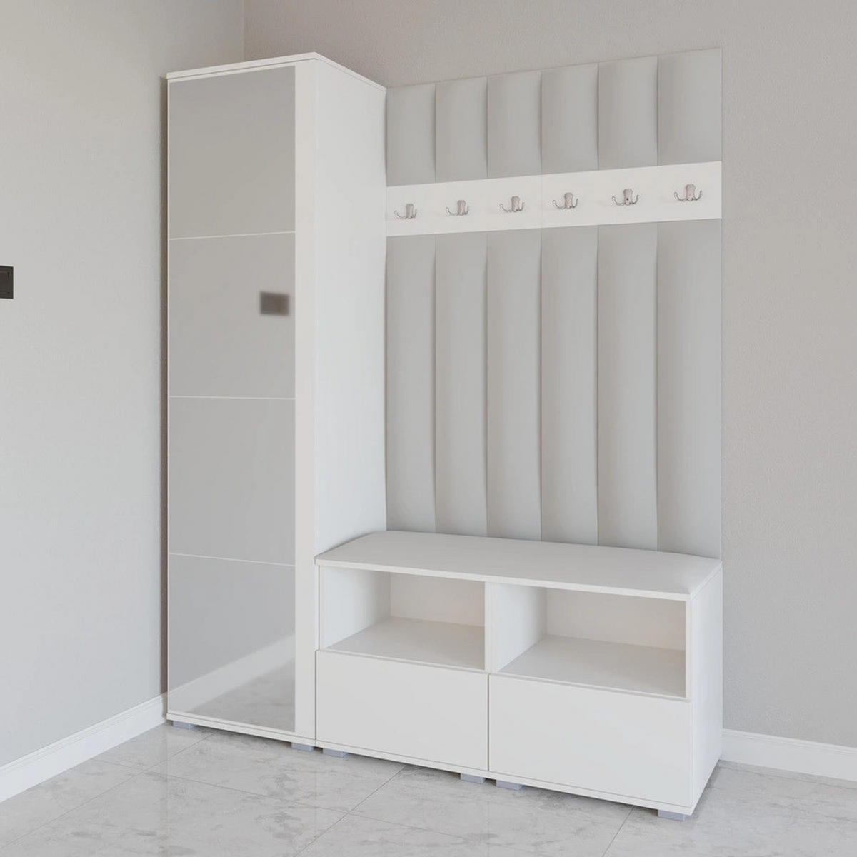 GEPOLSTERT Garderoben-Set Nela II LUX (Spiegel – Farbe Weiß + Stoff Trinity 32) - Silberfarben/Hellgrau, Holz/Holzwerkstoff (150/187/40cm) - Ravio