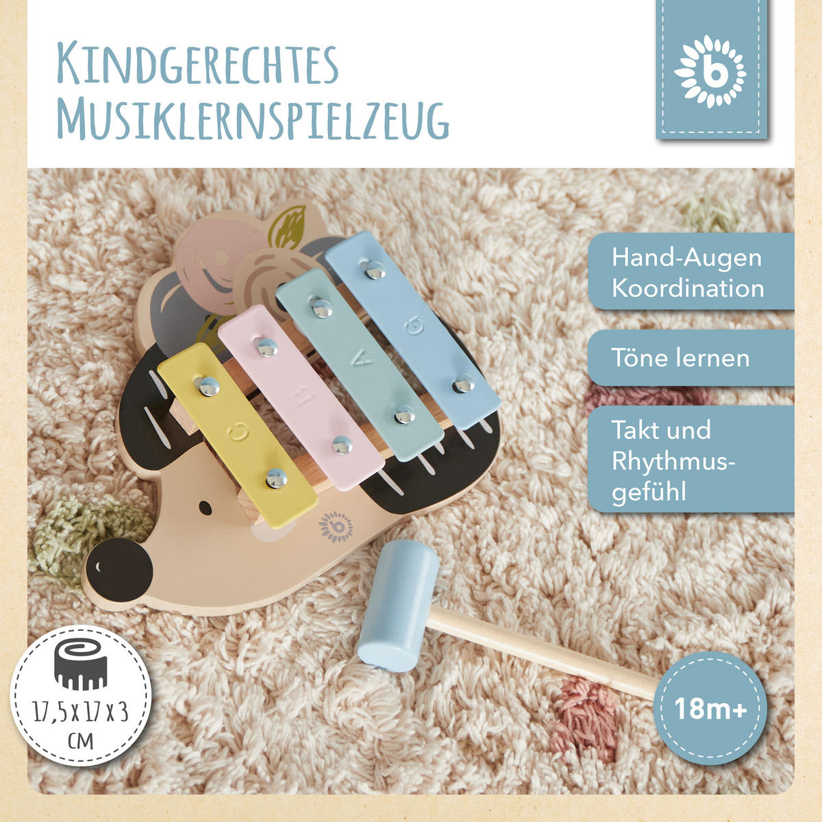 XYLOPHON Igel - ab 12 Monate - Multicolor, Holz (17/3/17.4cm) - Bieco Spielwaren