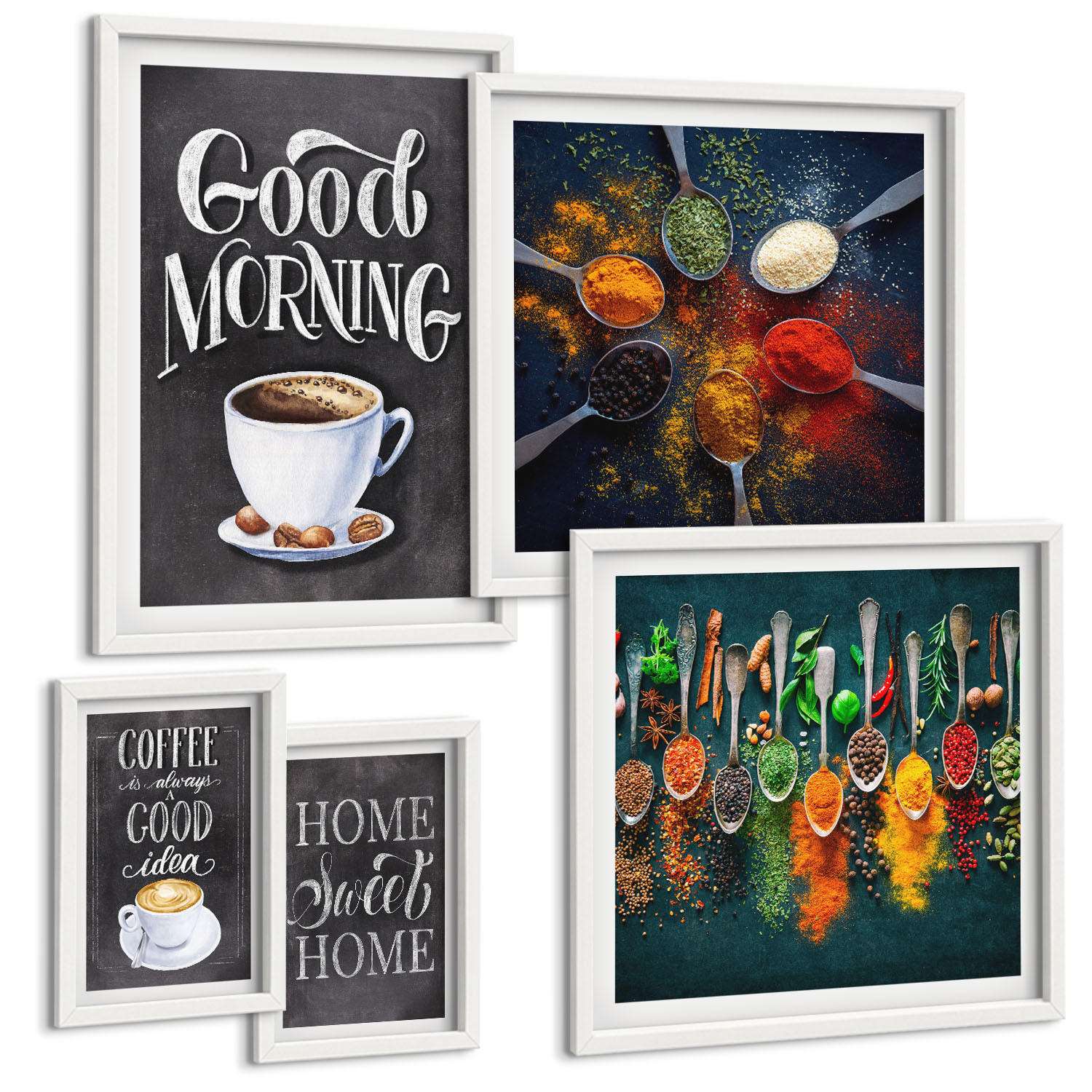 BILDER SET 5er Set - 50x50 cm & 20x30 cm & 40x60 cm Weißer Rahmen - Gewürze, Kaffee, Tasse, Kräuter - Weiß, Kunststoff (40/60cm) - TULUP