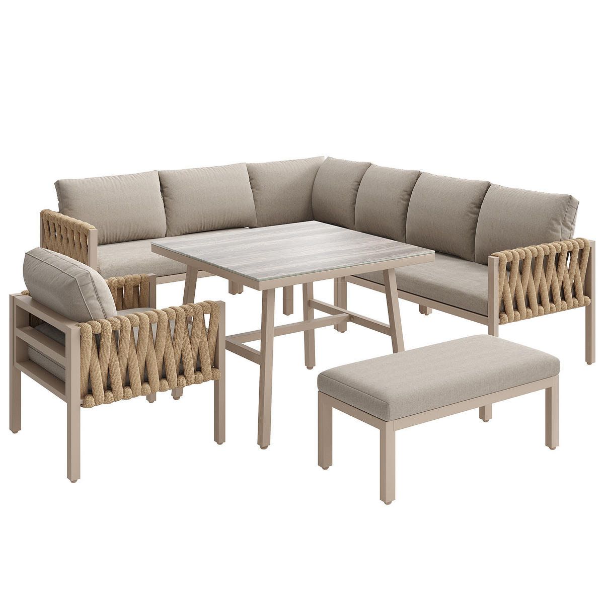 GARTENSET Eck Beige Seil Mit Verstellbaren Füßen & Glastisch - Beige, Metall - FLIEKS