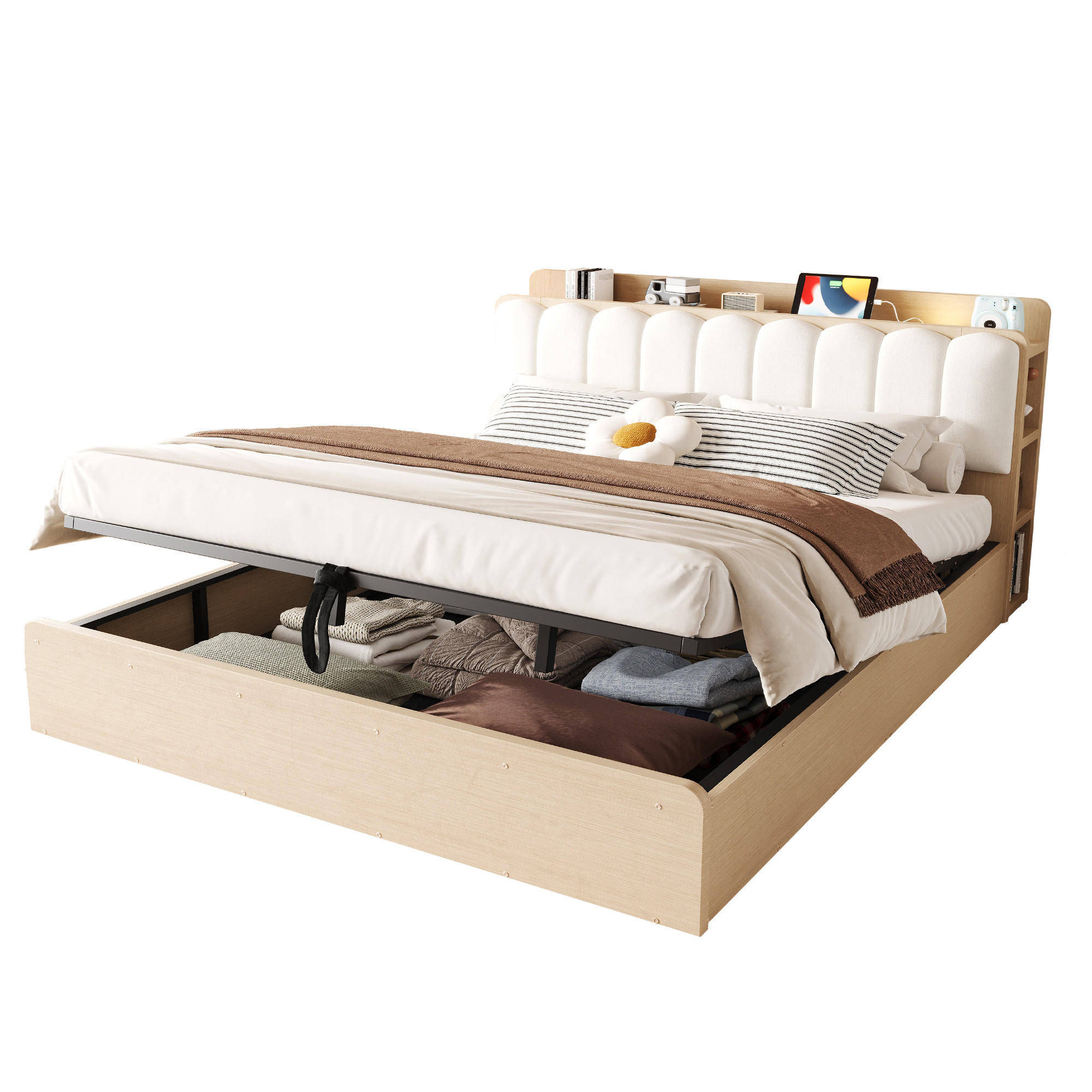 BETT 180/200 cm in Naturfarben & Beige mit Bettkasten, USB, Nachtlicht und Ablage Samt - Weiß/Naturfarben, Holzwerkstoff/Textil (180/200cm) - STILVORA