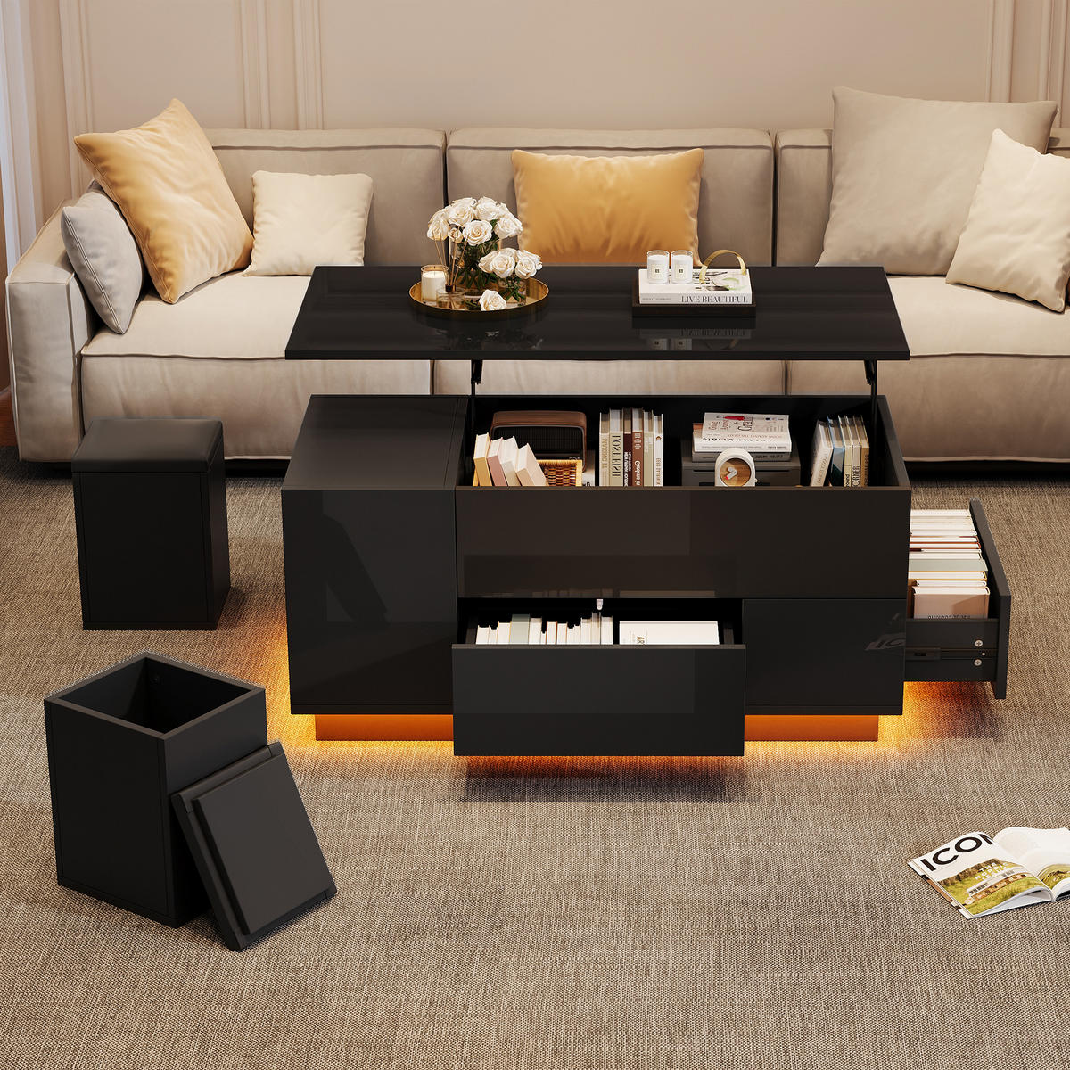 COUCHTISCH 3-tlg 100x50x45cm -höhenverstellbar mit LED und 2 Hockern - Schwarz, Holz (62.76/50.8/20.32cm) - Raelunyi