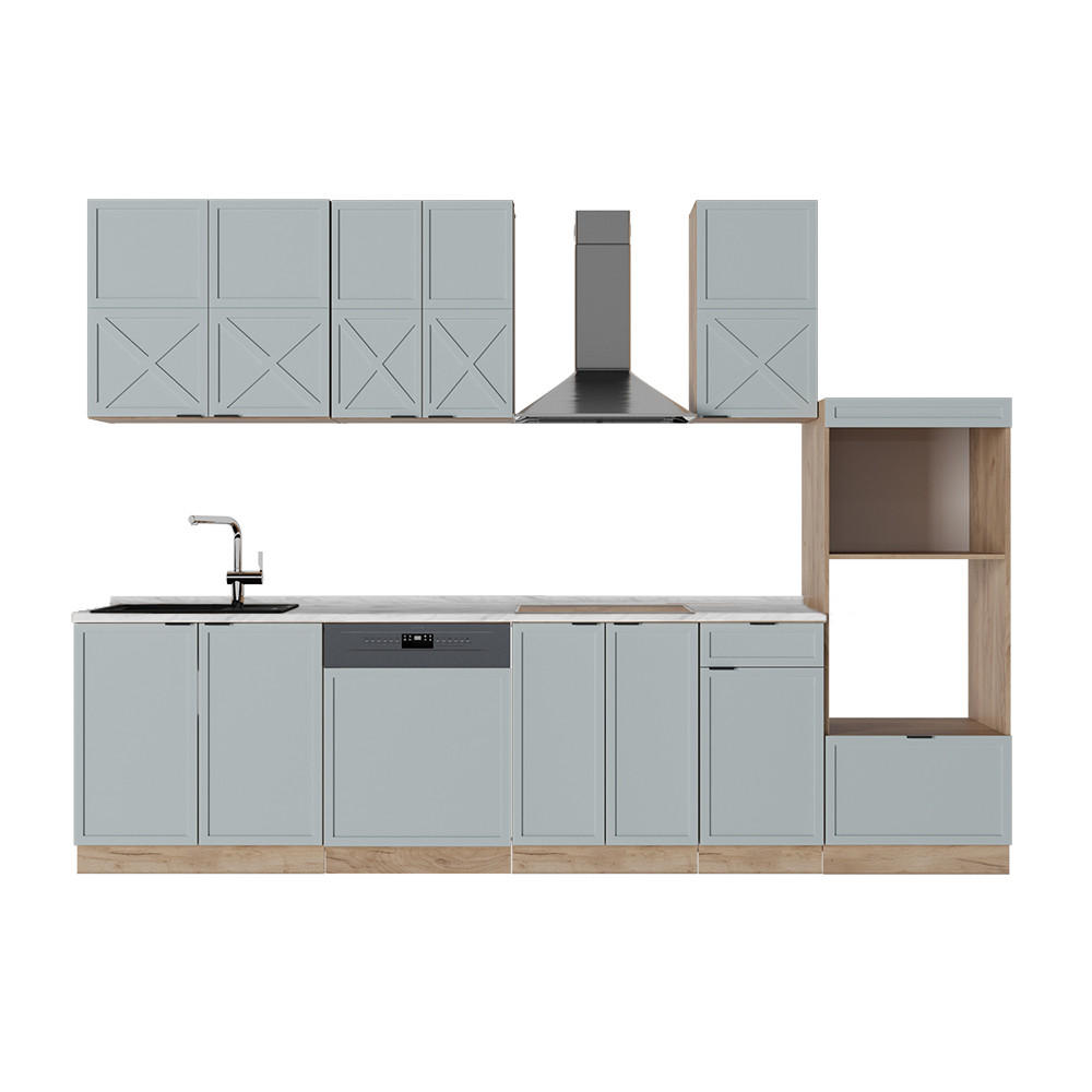 KÜCHENZEILE Fame-Line Hellblau-grau/Goldkraft Eiche 300 cm AP Marmor - Honigeiche/Blaugrau, Holzwerkstoff (300/81.6/60cm) - Vicco