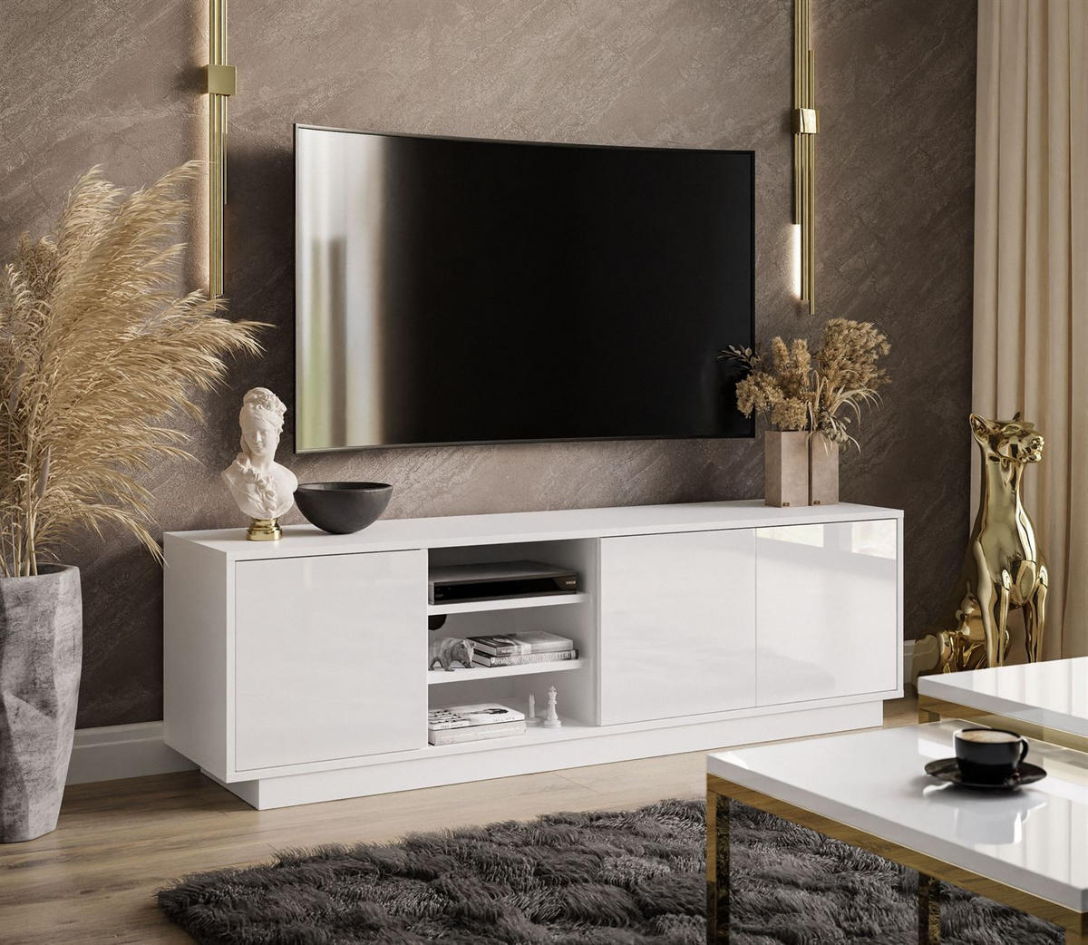 TV-ELEMENT SANAYI auf Sockel mit Regalen Hochglanz Weiß - Weiß Hochglanz/Weiß, Holzwerkstoff (156/47/38cm) - Lookway