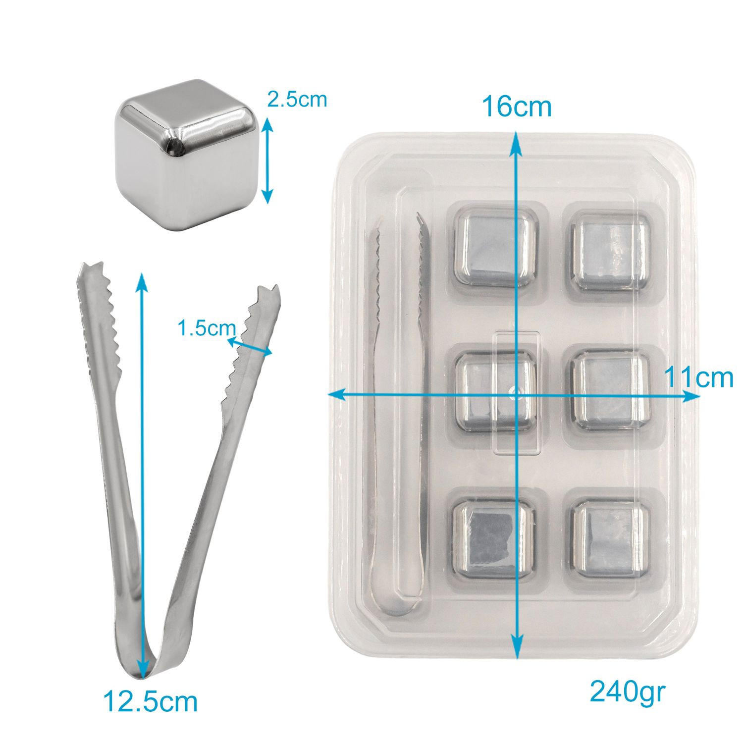 WHISKEY STEINE Eiswürfel (6 Stück) - Silberfarben, Metall (2.5/2.5/2.5cm) - Intirilife