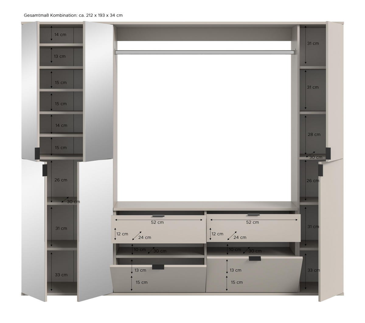 GARDEROBE Nexus 3-tlg. (B/H/T: ca. 212/193/34 cm) in Kaschmir/Kaschmir - Kaschmir, Holzwerkstoff (212/193/34cm)