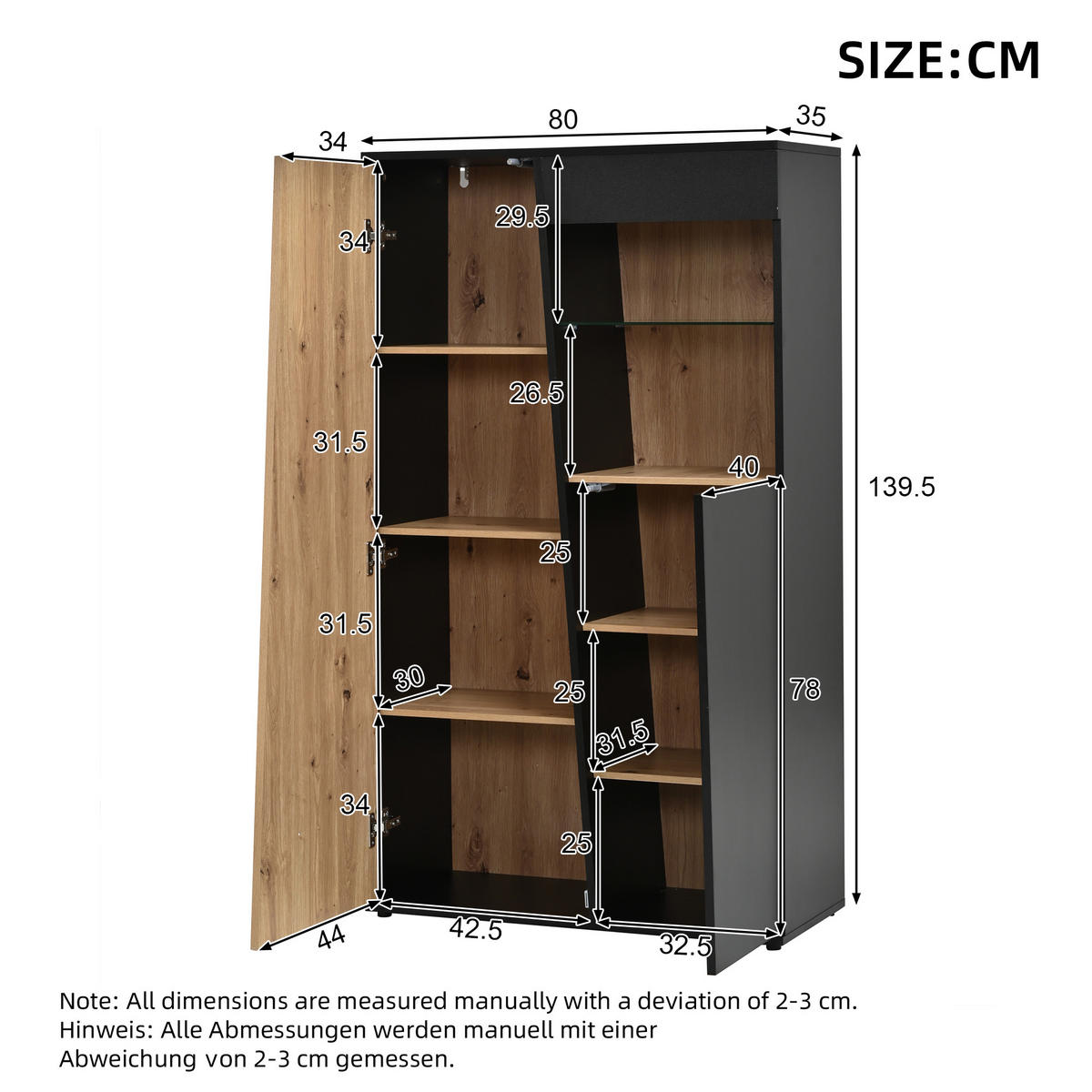 VITRINENSCHRANK 80/35/139,5 cm mit LED, Glastüren und verstellbaren Glasböden in Schwarz-Naturholzoptik - Schwarz/Naturfarben, Glas/Holzwerkstoff (80/139.5/35cm) - CHICFURN
