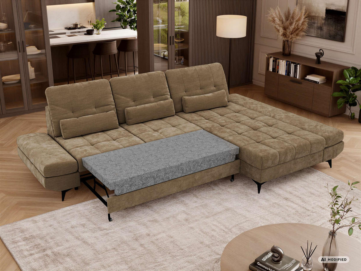 ECKSOFA ALVENO L - Hellbraun Schenille glatt - Rechts Seite - Hellbraun/Schwarz, Textil/Metall (344/218cm) - MKS