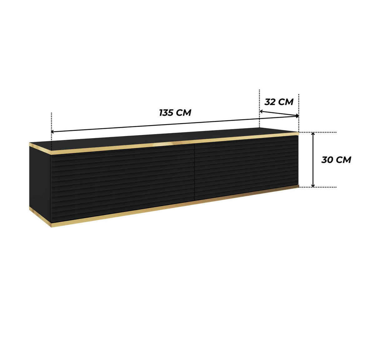 TV-BOARD FORNO (Hängend, Schwarz, Rillenfront, Goldene Details, 2 Klapptüren, 135 cm) - Schwarz, Holz/Holzwerkstoff (135/30/32cm) - Ravio
